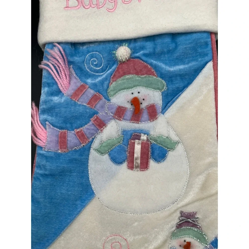 Babys First Christmas Snowman Stocking Plush‎ Velvet Pink Blue White 17